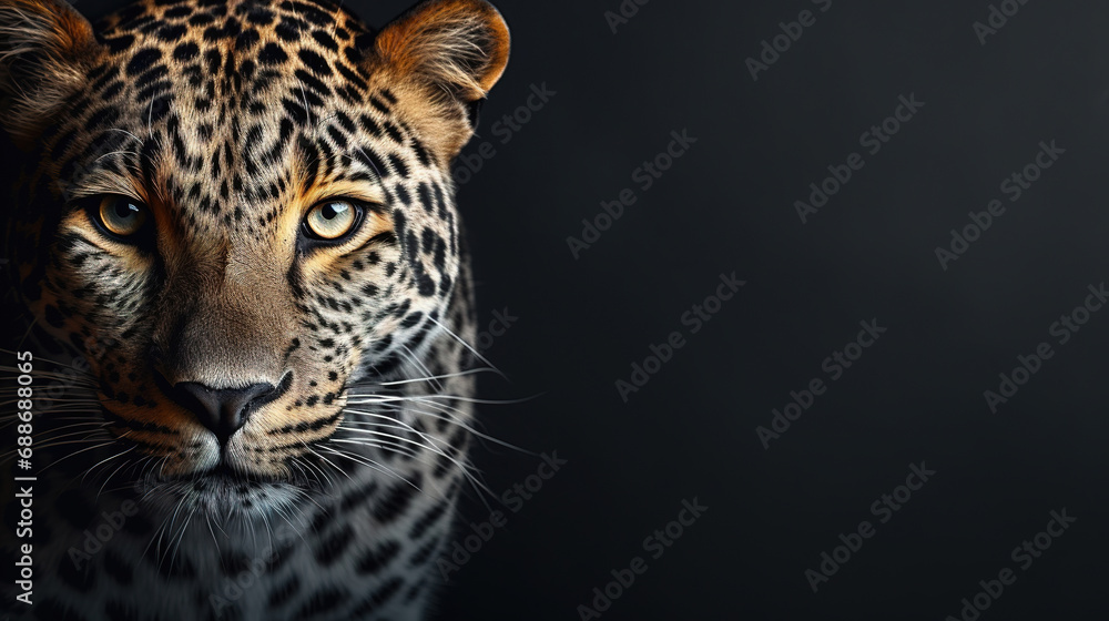 Front view of leopard on gray background. Wild animals banner with copy space