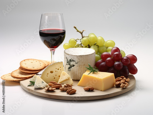A sophisticated cheese board with assorted cheeses, crackers, grapes, and a glass of red wine.