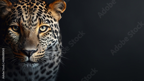 Front view of leopard on gray background. Wild animals banner with copy space
