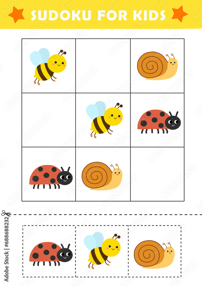 Sudoku logical reasoning activity for kids. Fun sudoku puzzle with cute illustration. Children educational activity worksheet. Sudoku game for children.