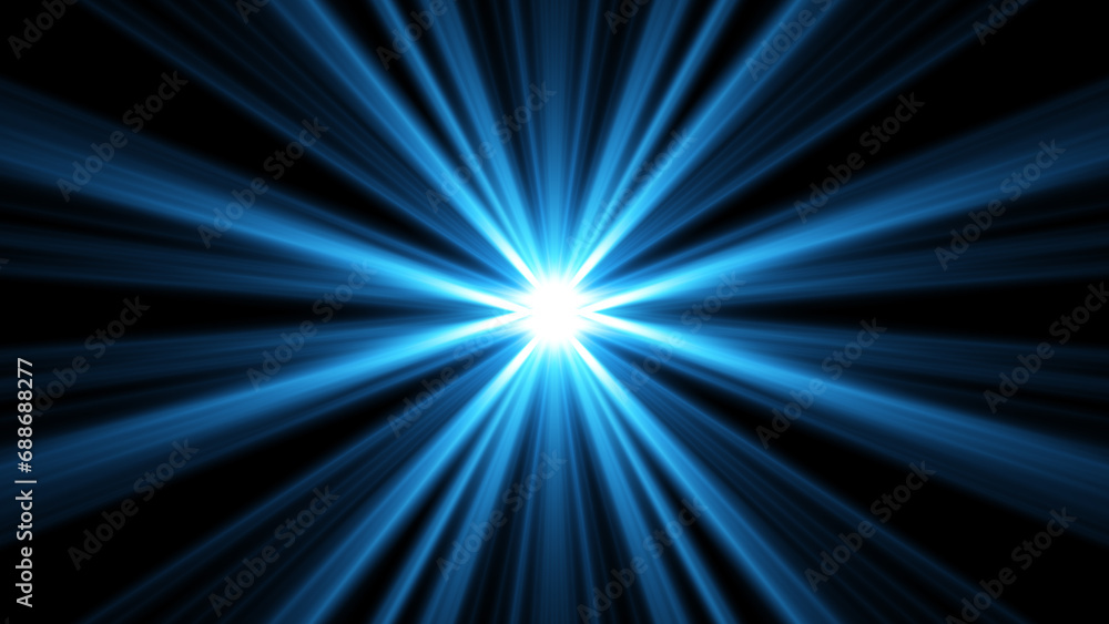 The star burst with brilliance, glow bright star, blue glowing light burst on a black background,