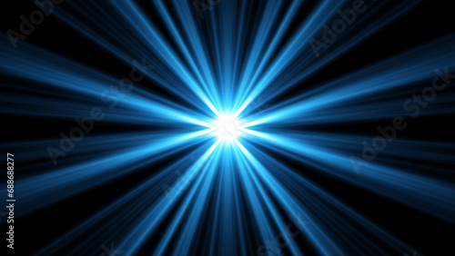 The star burst with brilliance, glow bright star, blue glowing light burst on a black background,