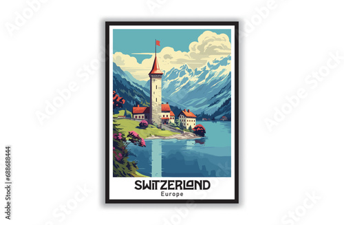 Switzerland , Vintage National Park Posters, National Park Art Prints Nature Wall Art and Mountain Print Set Abstract Travel for Hikers Campers Living Room Decor. Vector illustration, Design, Colorful