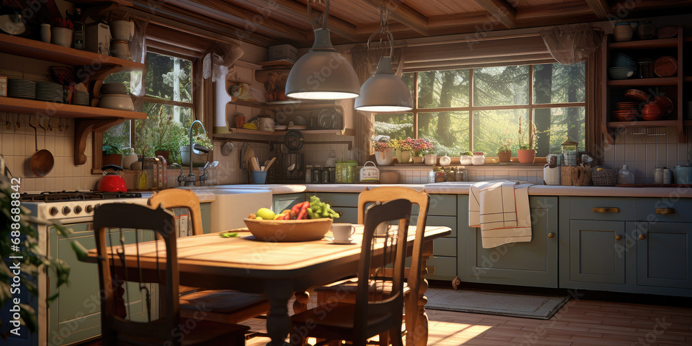 A cozy and stylish kitchen with rustic wooden elements, vintage stove, and modern appliances, creating a warm and inviting home atmosphere. A cozy and stylish kitchen with rustic wooden elements, vintage stove, and modern appliances, creating a warm and inviting home atmosphere.