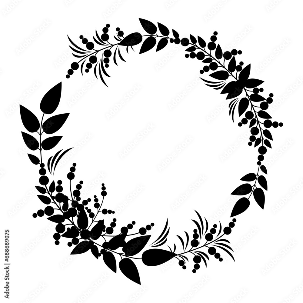 Round frame black silhouette of branches with leaves and berries, isolated on a white background. Vector frame for wedding, holiday cards, invitations. Round frame black silhouette of branches with leaves and berries, isolated on a white background. Vector frame for wedding, holiday cards, invitations.