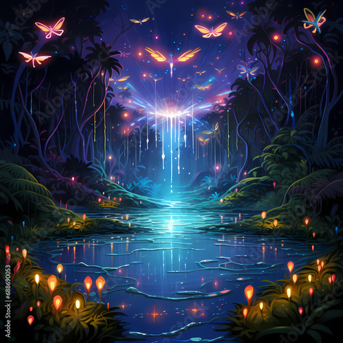 a pixelated symphony featuring cosmic influences  abstract fireflies in an oasis setting influenced by quantum mechanics