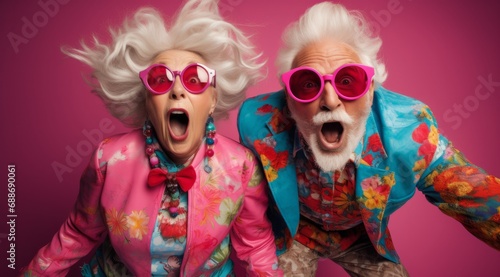 A Playful Elderly Couple in Matching Pink Sunglasses and Colourful Mismatched Clothing. A man and woman wearing pink sunglasses and fun multicoloured clothing