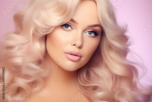 Portrait of beautiful woman with wavy blond hair in fornt of pink background