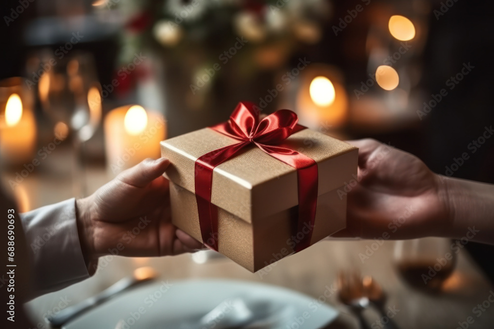 Man giving Valentines Day gift in womans hand, romantic date. Love story, dating. Close up.