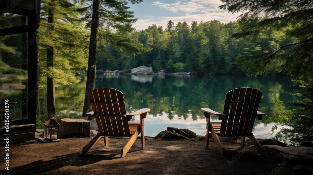 Lakeside cinema with screen reflection in calm water tranquil nature