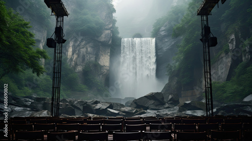 Waterfall cinema on high platform cascading water and cliff backdrop