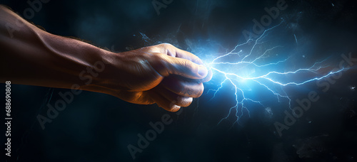 Hand holding up a lightning bolt. Energy and power. Stormy background. Blue glow. Zeus  thor.
