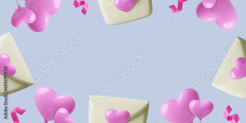 Valentine's Day background with 3D realistic envelopes, hearts and copy space. Cute romantic three dimensional holiday banner design for February 14. Vector illustration.