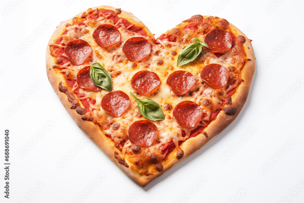 Heart shaped pizza with salami and mozzarella on white background