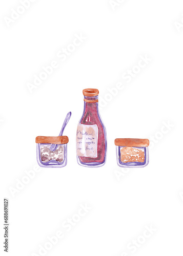 Apple cider vinegar and spices in glass jars. Isolated watercolor illustrations