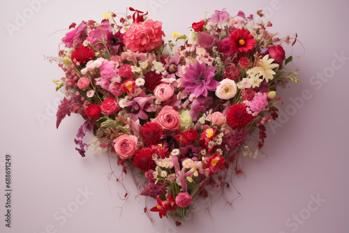 beautiful bouquet of flowers in the shape of a heart on a pink background