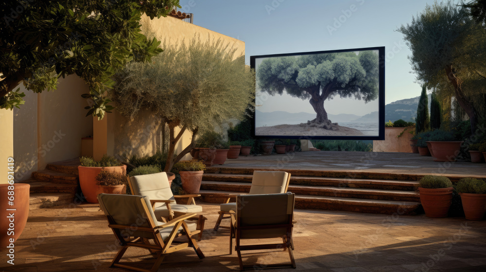 Obraz premium Mediterranean courtyard cinema terracotta walls sea views elegance