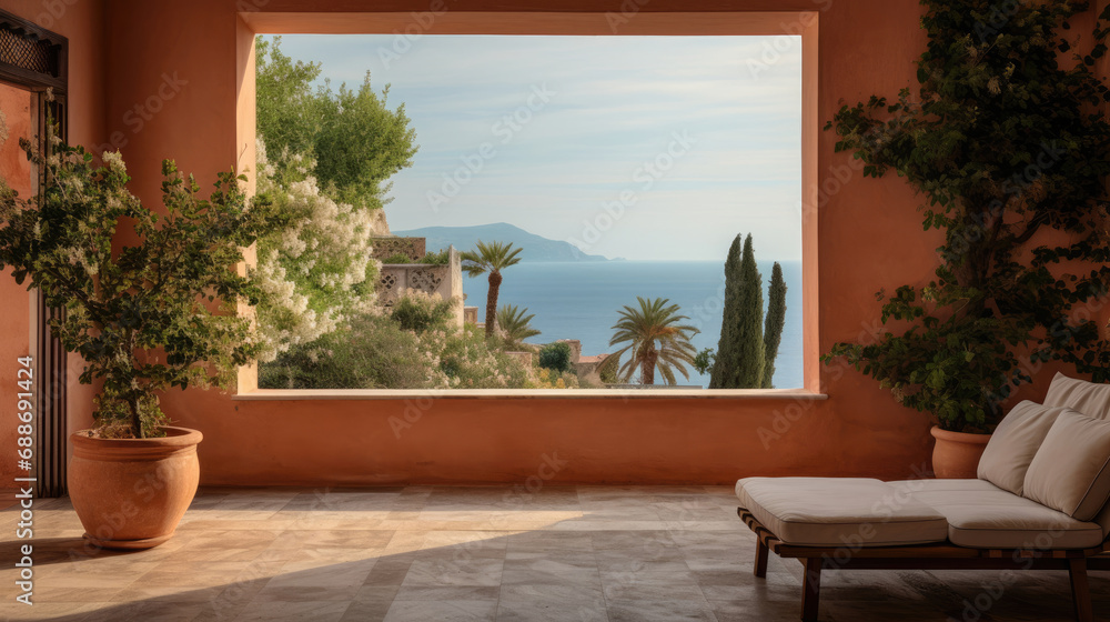 Terracotta-flanked cinema Mediterranean courtyard coastal vibes