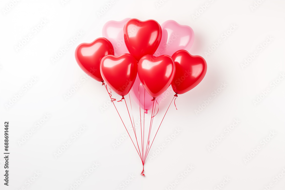 Red and pink heart-shaped balloons on white background. Valentine's day concept.