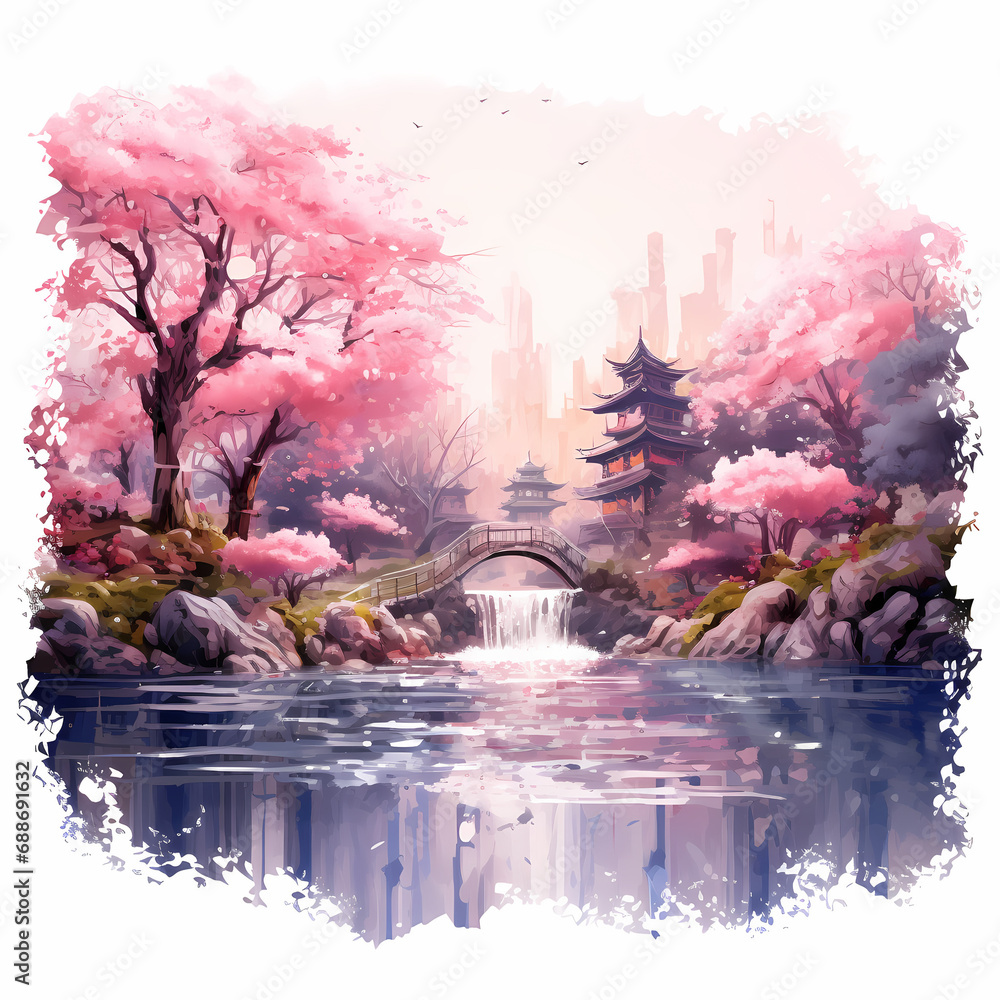 a pixelated oasis featuring abstract sakura elements with watercolor-inspired strokes influenced by quantum mechanics