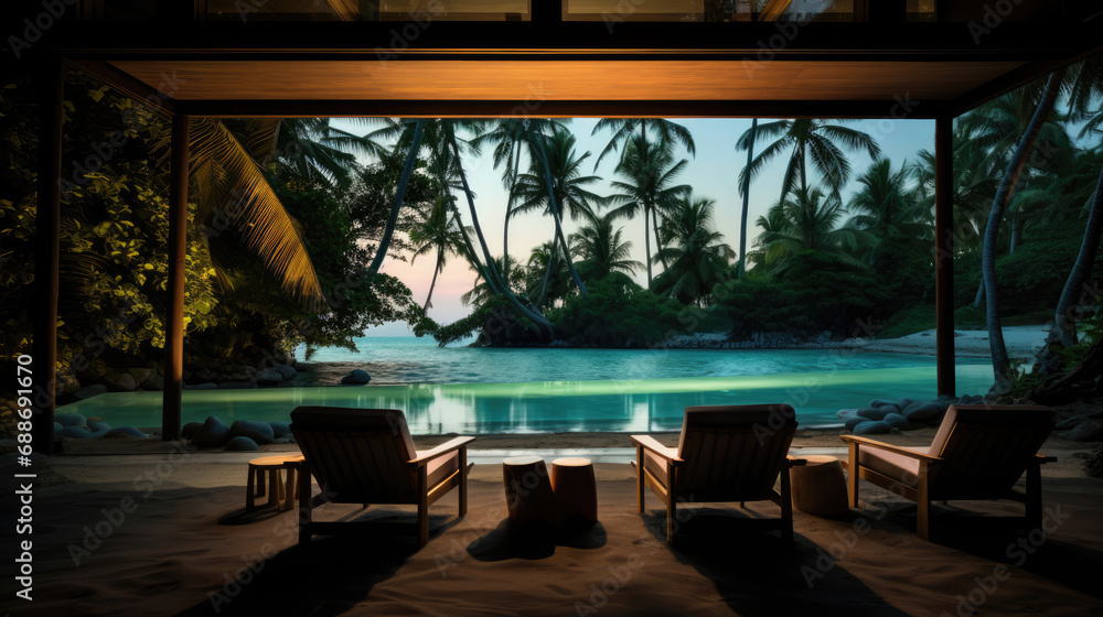 Exclusive cinema on private island swaying palms clear water view