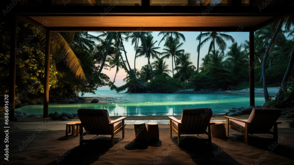 Fototapeta premium Exclusive cinema on private island swaying palms clear water view