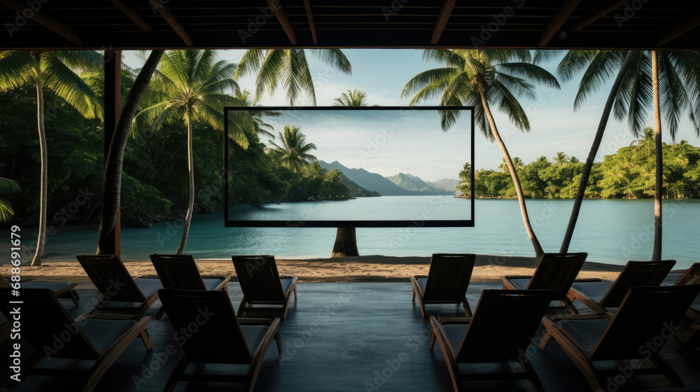 Island paradise outdoor film palm tree frame crystal sea backdrop