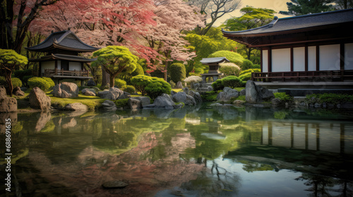 Serene cinema in Zen garden koi pond setting cherry blossom air © javier