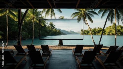 Island paradise outdoor film palm tree frame crystal sea backdrop © javier