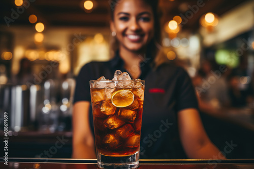 close up of a Cuba Libre with blurred Bartender and bar in the back with empty copy space photo