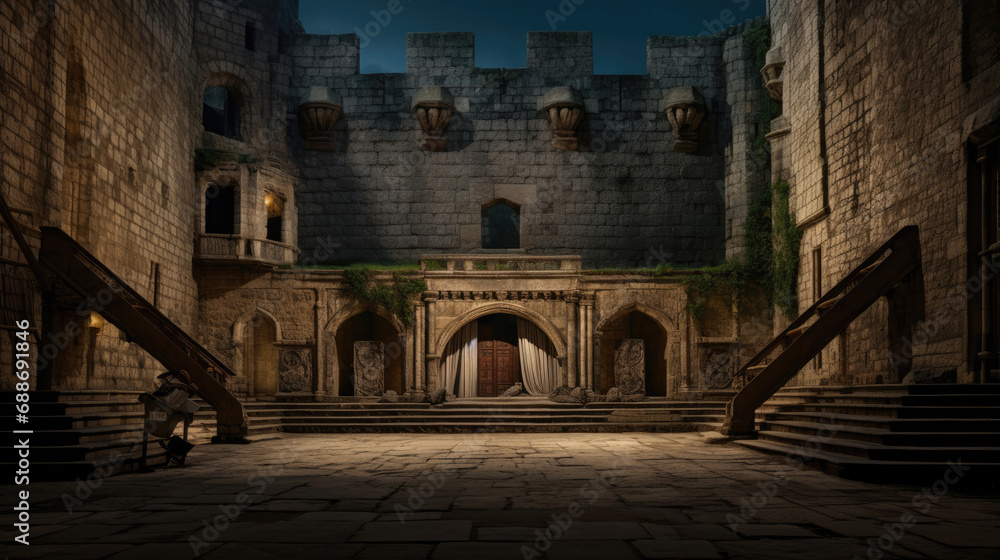 Medieval castle cinema screen in courtyard historical elegance