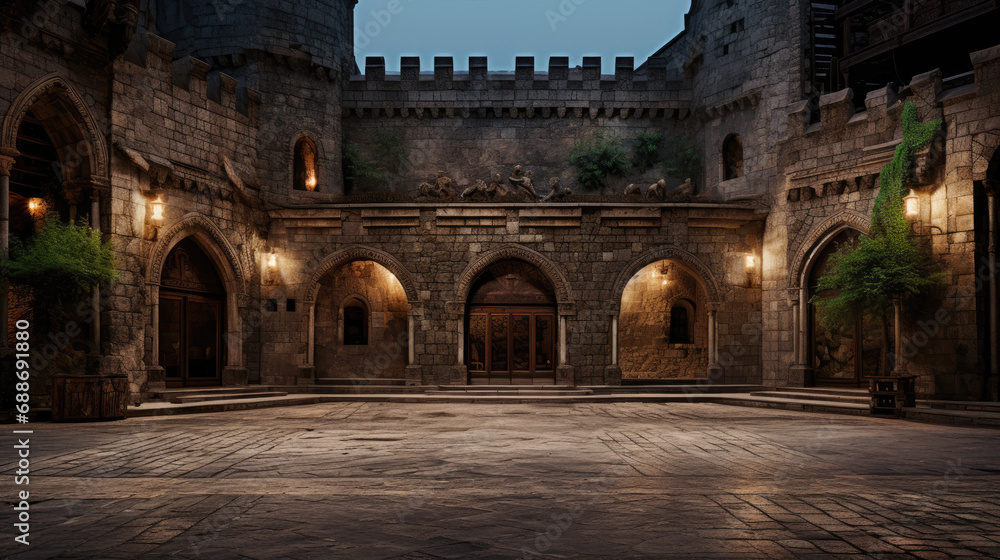 Regal cinema in castle courtyard medieval setting torchlit walls - obrazy, fototapety, plakaty 