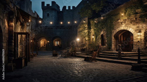 Royal elegance cinema in castle screen framed by stone walls