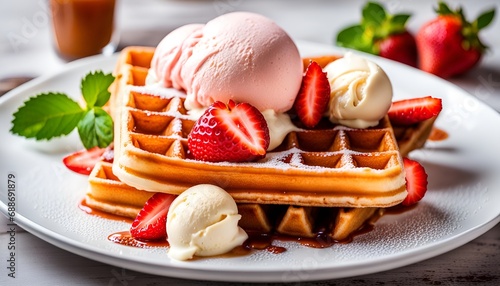 Belgium waffles with strawberries and ice cream on white plate photo