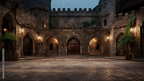 Regal cinema in castle courtyard medieval setting torchlit walls photo