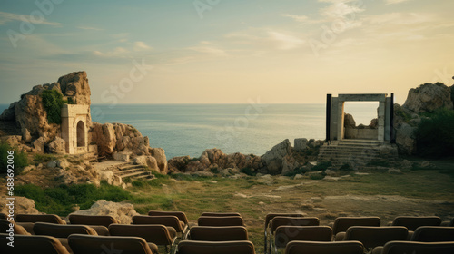Ancient Greek cinema in amphitheater sea backdrop mythical aura