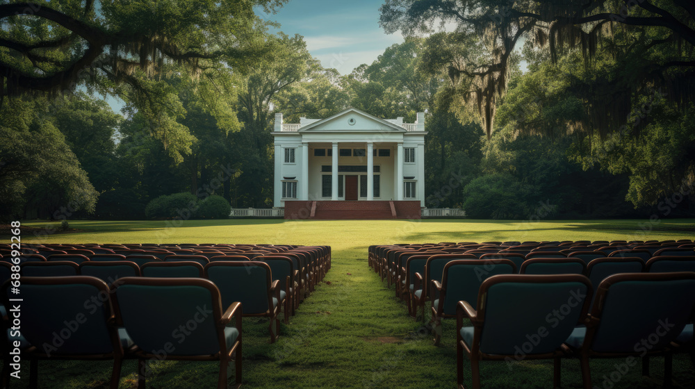 Obraz premium Antebellum charm cinema screen framed by plantation manor