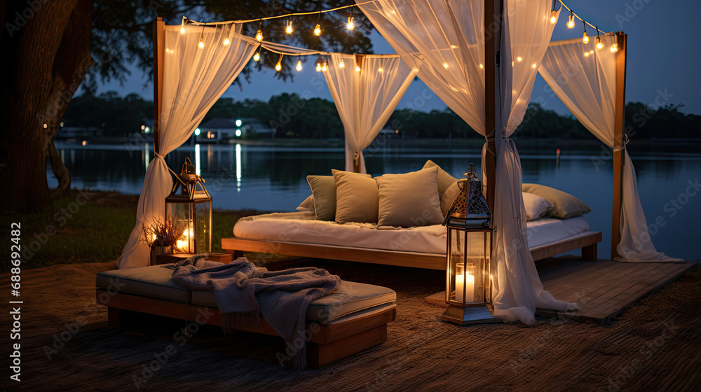 Fototapeta premium Lakeside Cinema Canopy Beds Water's Edge Screen Romantic Ambiance