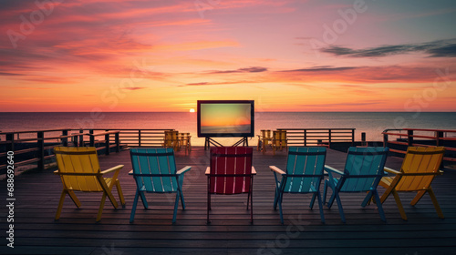 Oceanfront Movie on Pier Rail Framed Screen Colorful Chairs