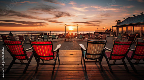 Seaside Pier Cinema Coastal Railings Chairs Sunset