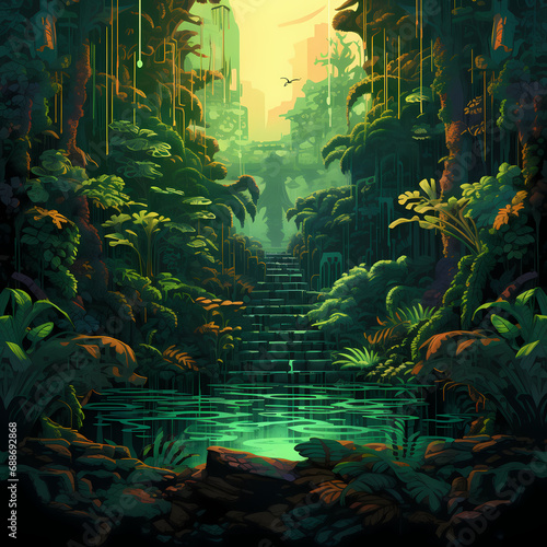 a pixelated representation of a jungle with mirage-like distortions influenced by quantum elements