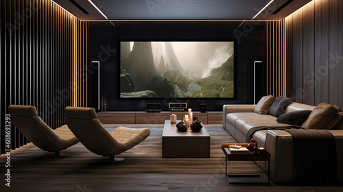 Zen-Inspired Cinema Earth Tone Seating Bamboo Walls 4K Screen © javier