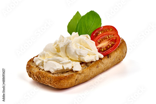 Sandwich with soft cheese, isolated on white background.