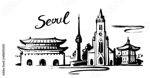 Seoul landmarks, hand drawn - South Korea. Sketch