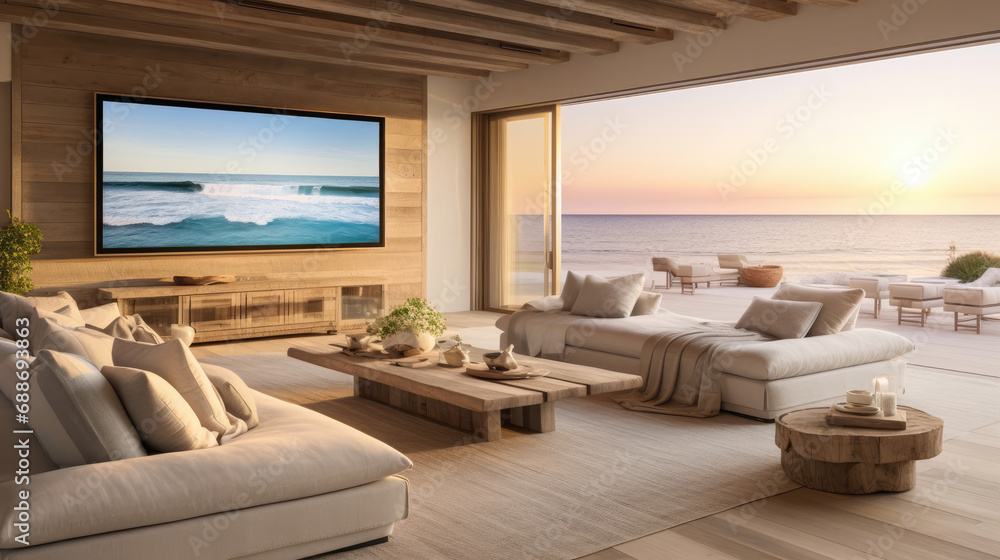Beachfront Villa Cinema Coastal Decor 4K TV Screen Beachfront Villa Cinema Coastal Decor 4K TV Screen