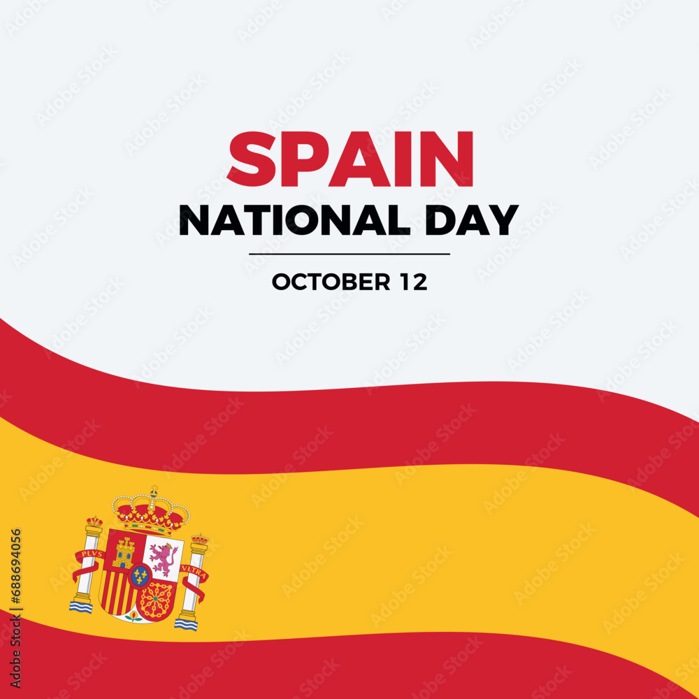 Spain National Day poster vector illustration. Waving Flag of Spain frame on a gray background. Spanish flag graphic design element. October 12. Important day