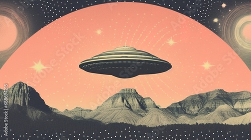 Generative AI, Vintage risograph collage of alien UFO in space, pastel halftone, geometric shapes, abstract grain texture