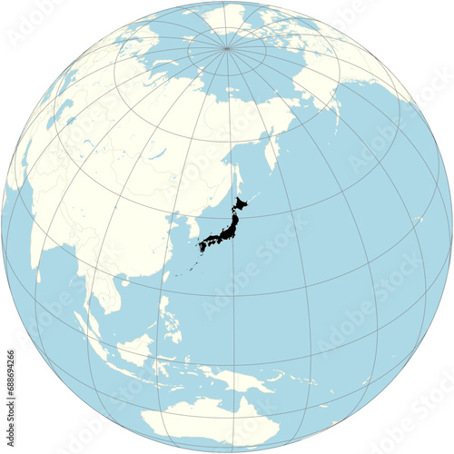 Japan is positioned at the center of the world map in an orthographic projection. An island country in East Asia.