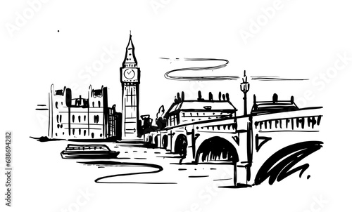 Cartoon sketch drawing of Westminster Palace, Big Ben tower London, England