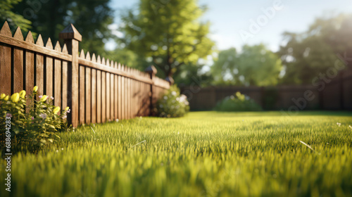 Empty Green Grass Lawn and Wooden Fence in Backyard Garden - A Tranquil Retreat Amidst Nature.